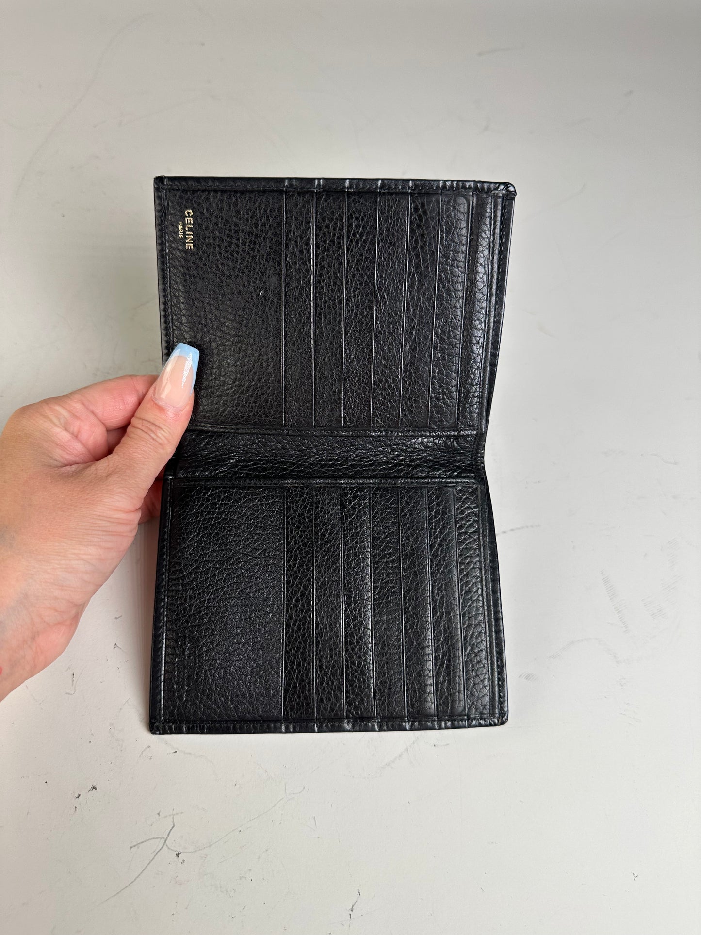 Vintage Celine Pebbled Leather Card Holder Black Gold