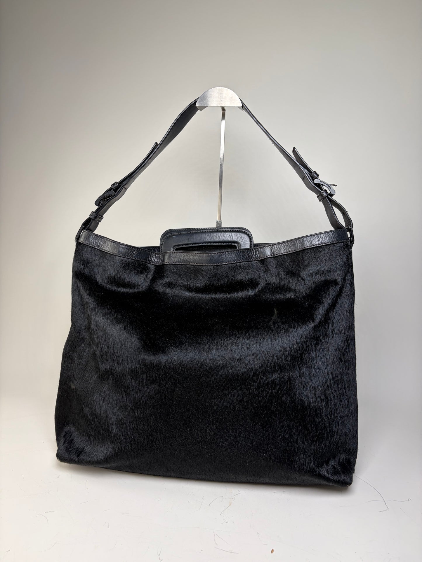 Vintage Emporio Armani Leather Fur Finish Shoulder Bag Black
