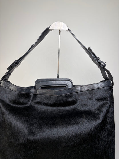 Vintage Emporio Armani Leather Fur Finish Shoulder Bag Black