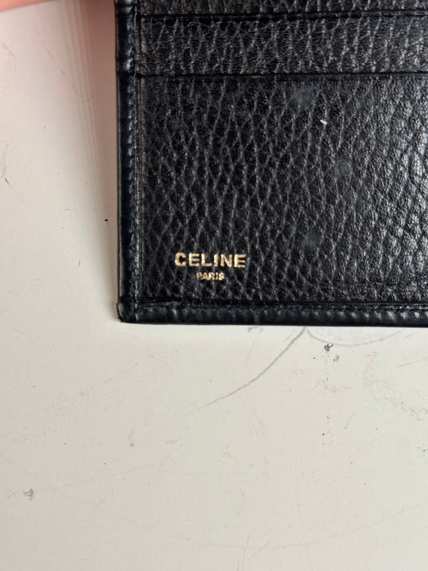 Vintage Celine Pebbled Leather Card Holder Black Gold