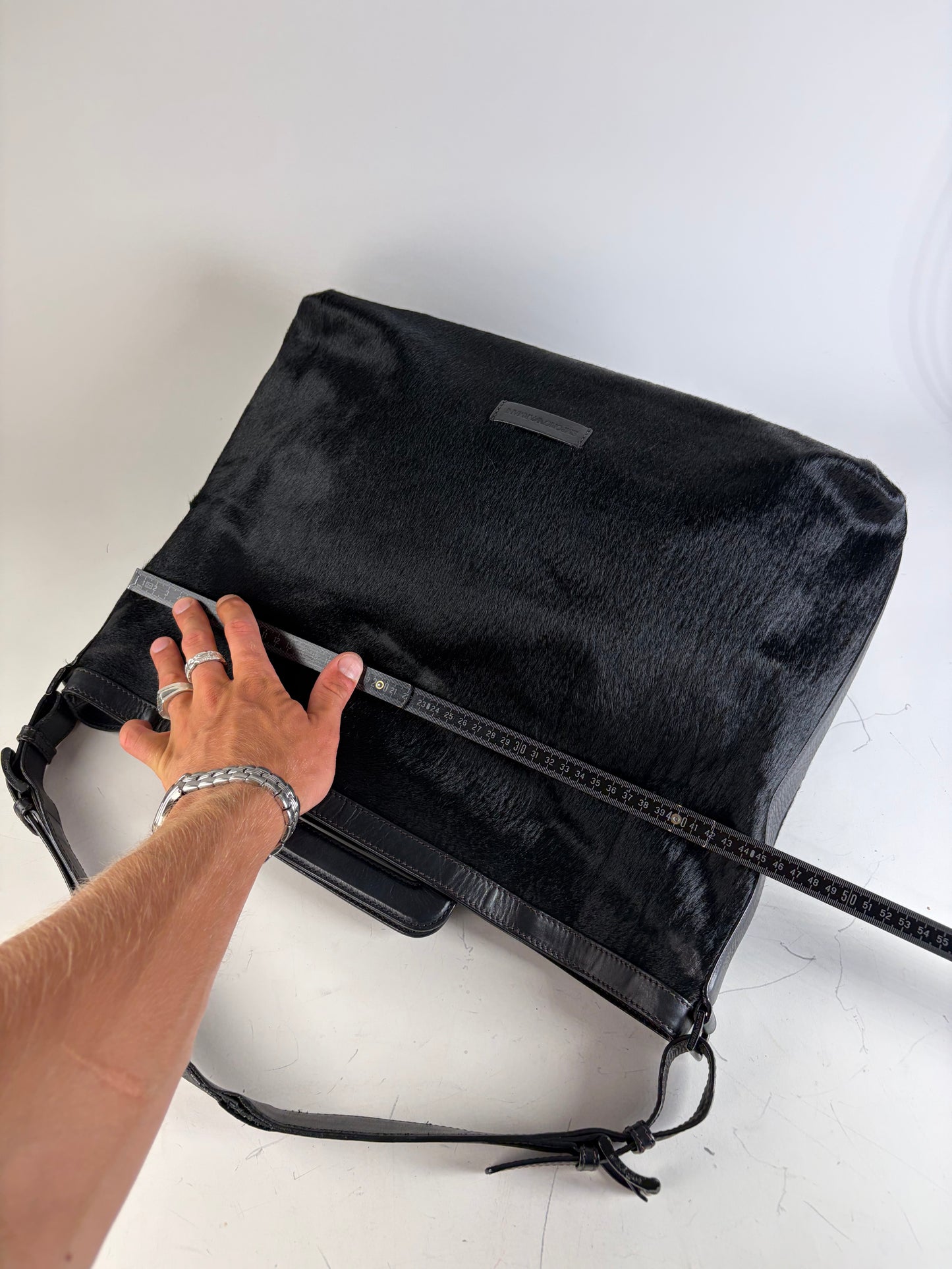 Vintage Emporio Armani Leather Fur Finish Shoulder Bag Black