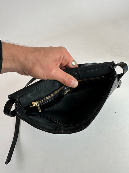 Vintage Courreges Crocodile Emblossed Leather Bag Black