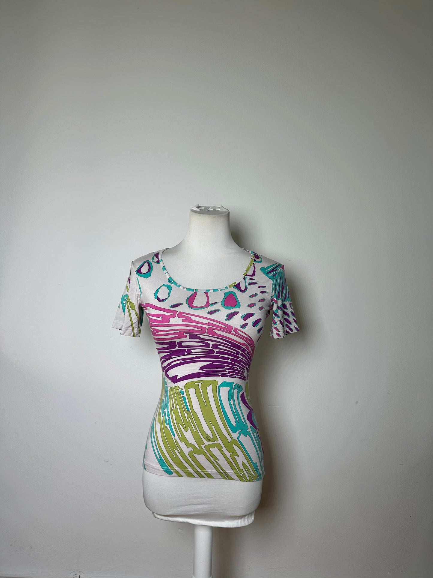 Vintage Emilio Pucci Abstract Print T-Shirt White Purple Turquoise XS