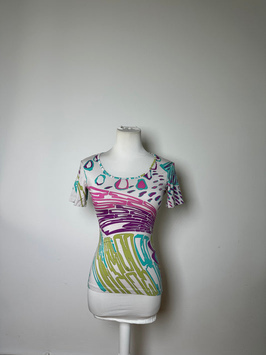 Vintage Emilio Pucci Abstract Print T-Shirt White Purple Turquoise XS