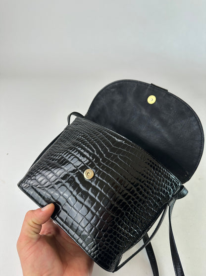 Vintage Courreges Crocodile Emblossed Leather Bag Black
