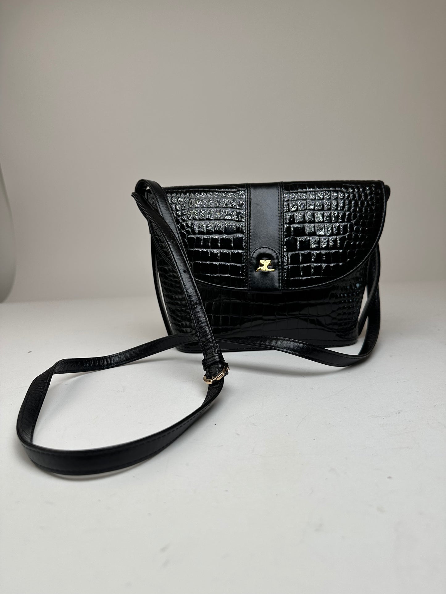 Vintage Courreges Crocodile Emblossed Leather Bag Black