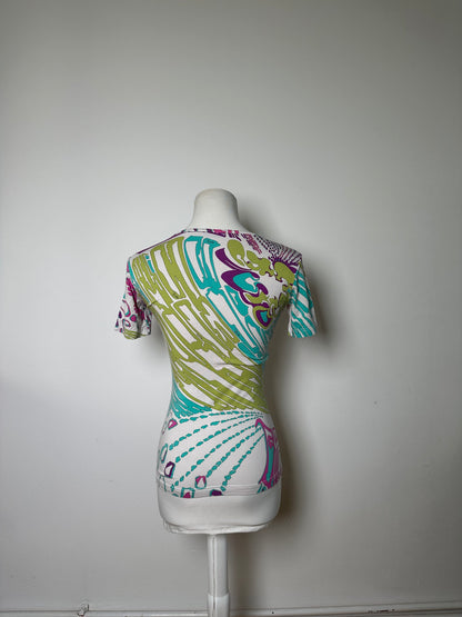 Vintage Emilio Pucci Abstract Print T-Shirt White Purple Turquoise XS