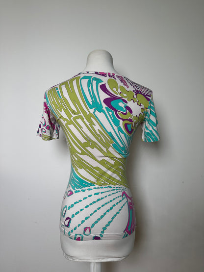 Vintage Emilio Pucci Abstract Print T-Shirt White Purple Turquoise XS
