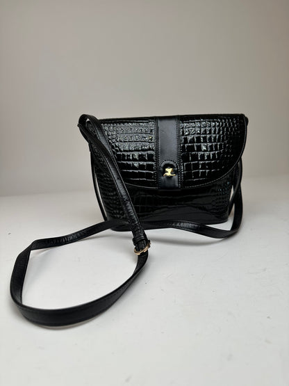 Vintage Courreges Crocodile Emblossed Leather Bag Black