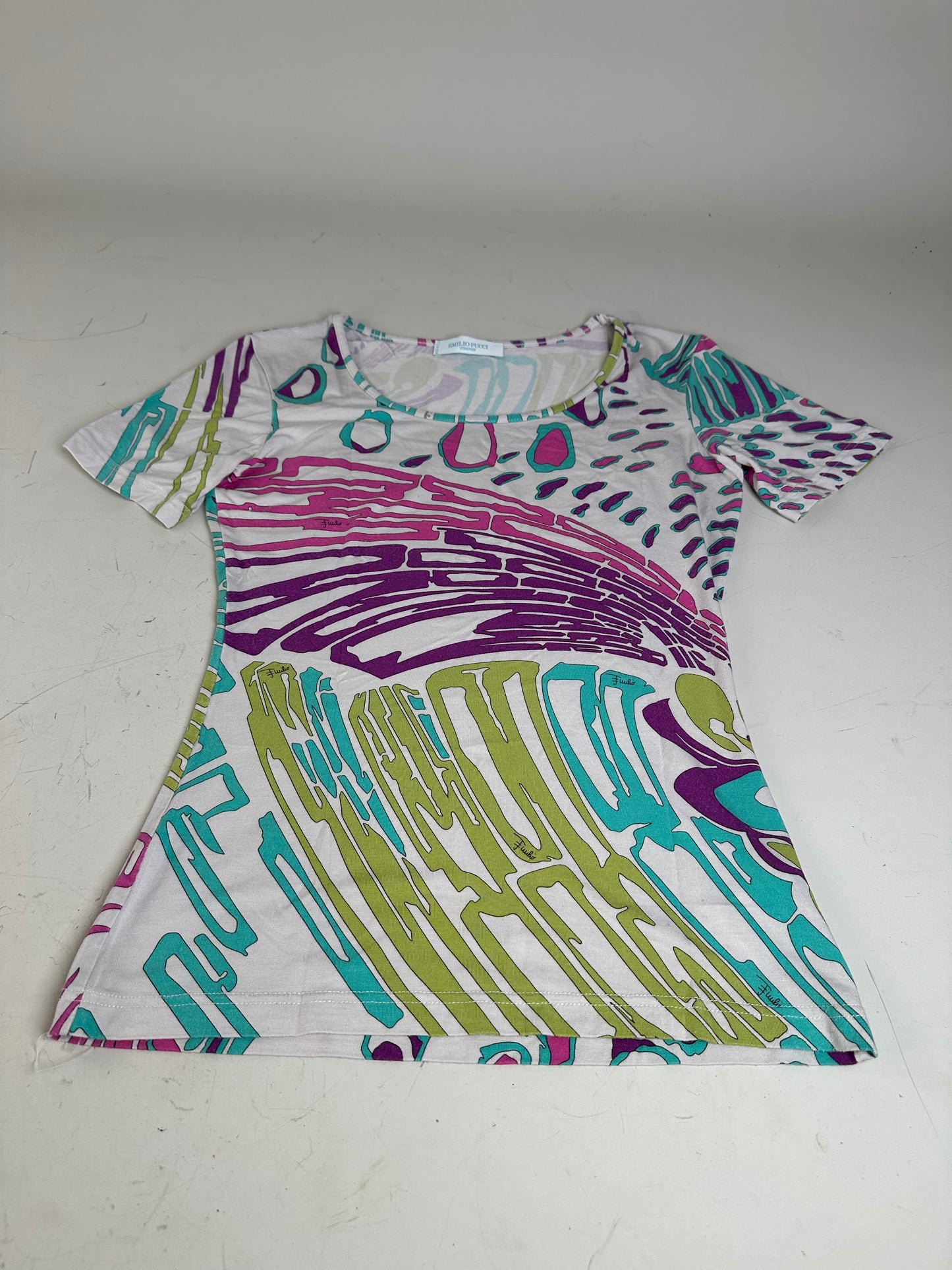 Vintage Emilio Pucci Abstract Print T-Shirt White Purple Turquoise XS