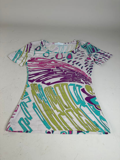 Vintage Emilio Pucci Abstract Print T-Shirt White Purple Turquoise XS