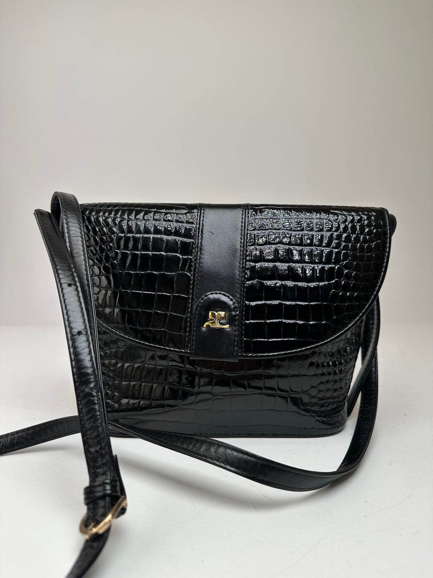 Vintage Courreges Crocodile Emblossed Leather Bag Black