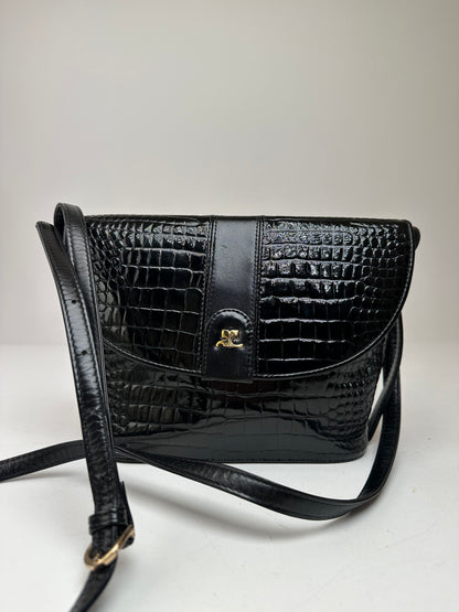 Vintage Courreges Crocodile Emblossed Leather Bag Black