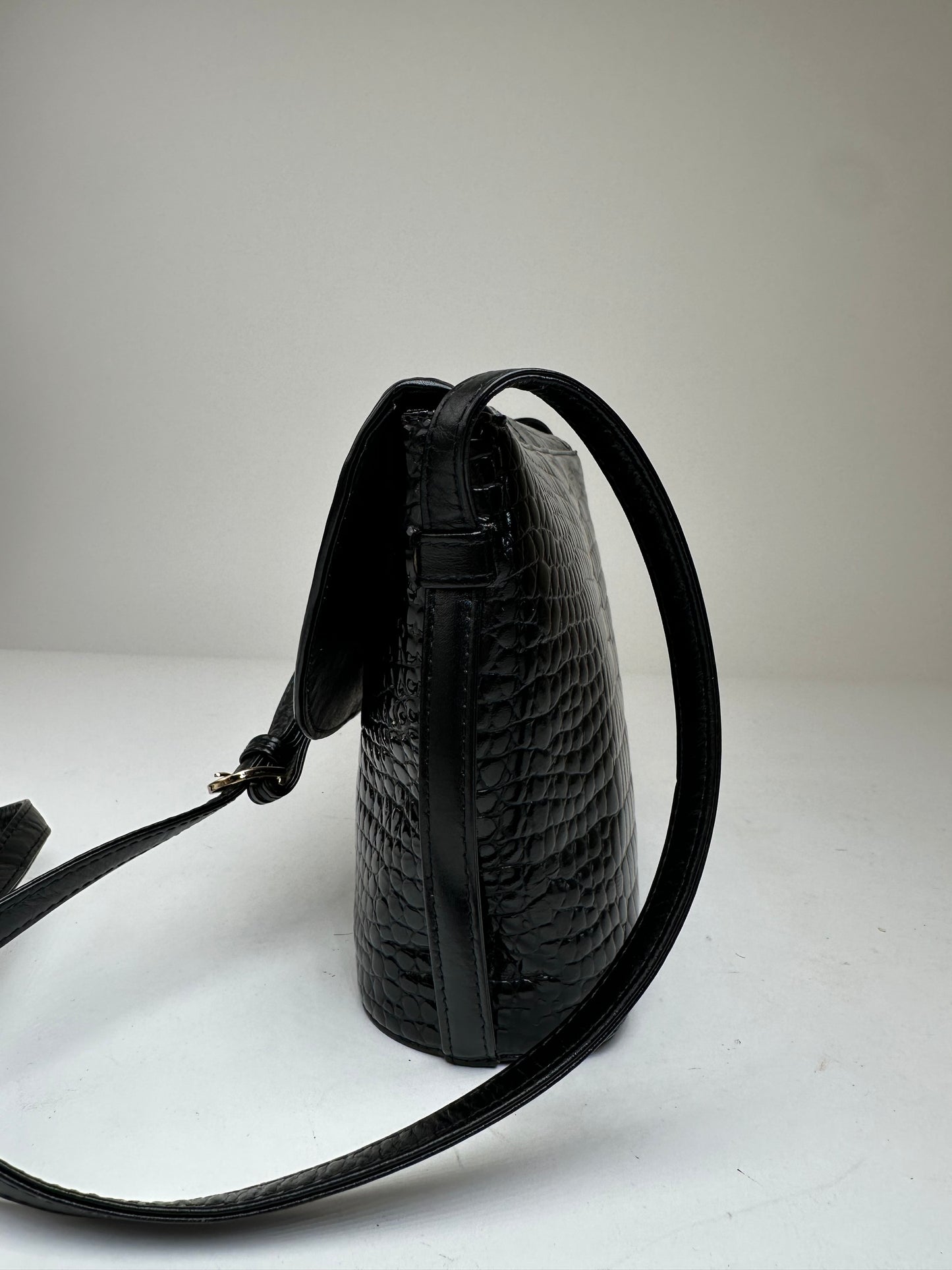 Vintage Courreges Crocodile Emblossed Leather Bag Black