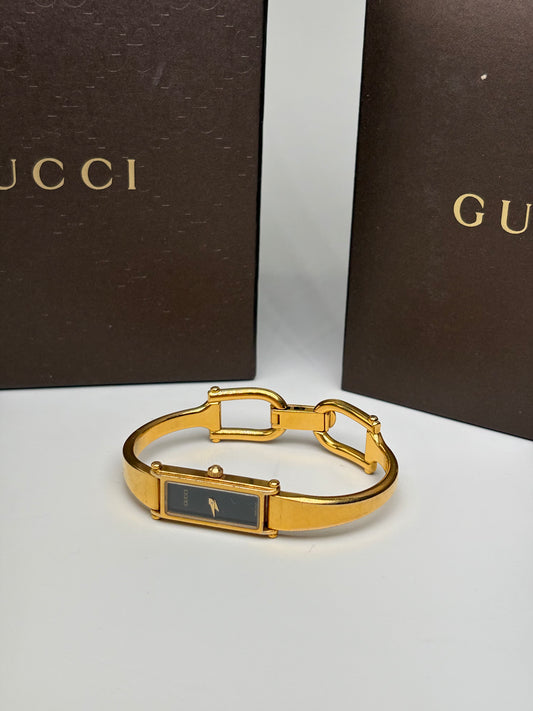 Vintage Gucci Gold-Tone Bracelet Watch Black Dial