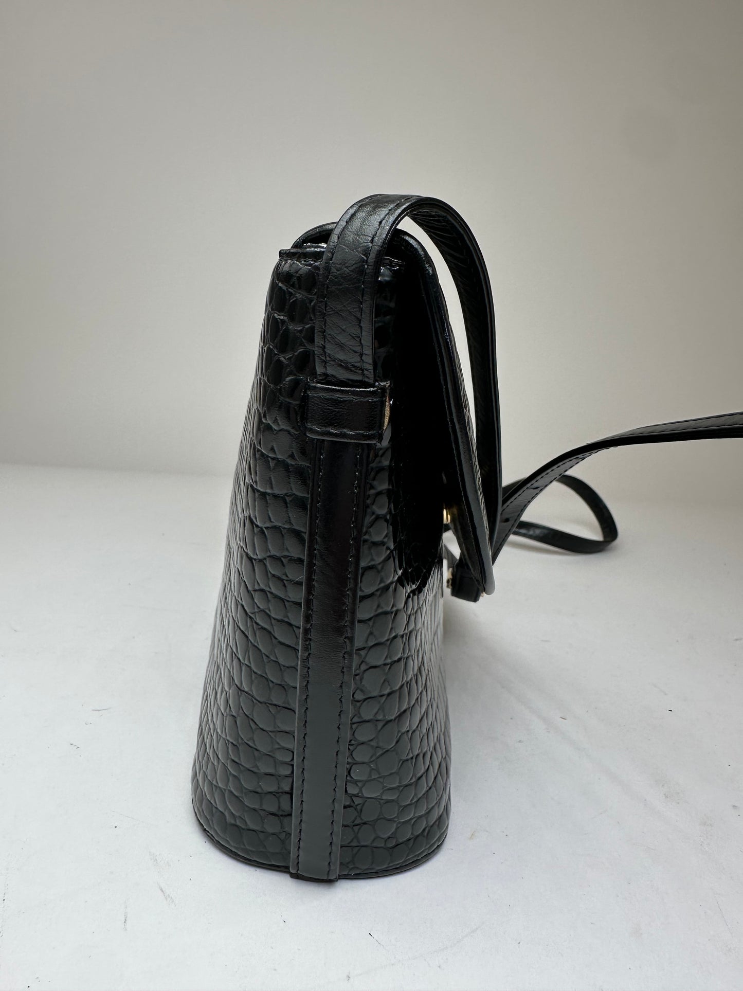 Vintage Courreges Crocodile Emblossed Leather Bag Black