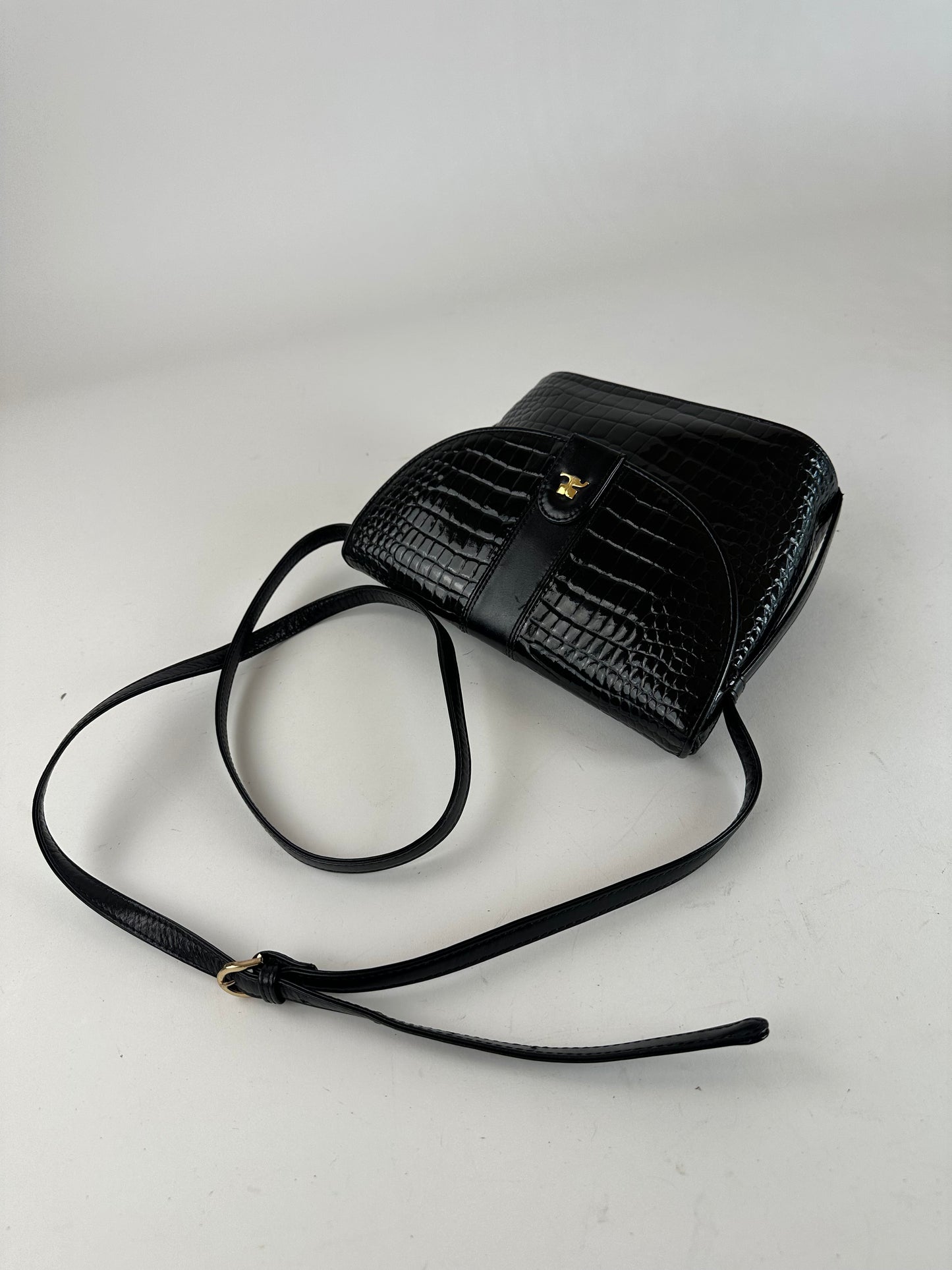 Vintage Courreges Crocodile Emblossed Leather Bag Black