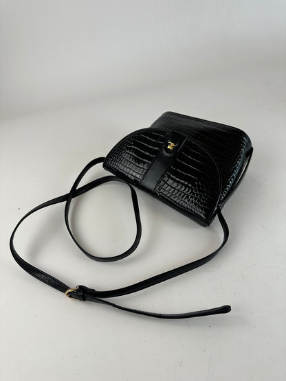 Vintage Courreges Crocodile Emblossed Leather Bag Black