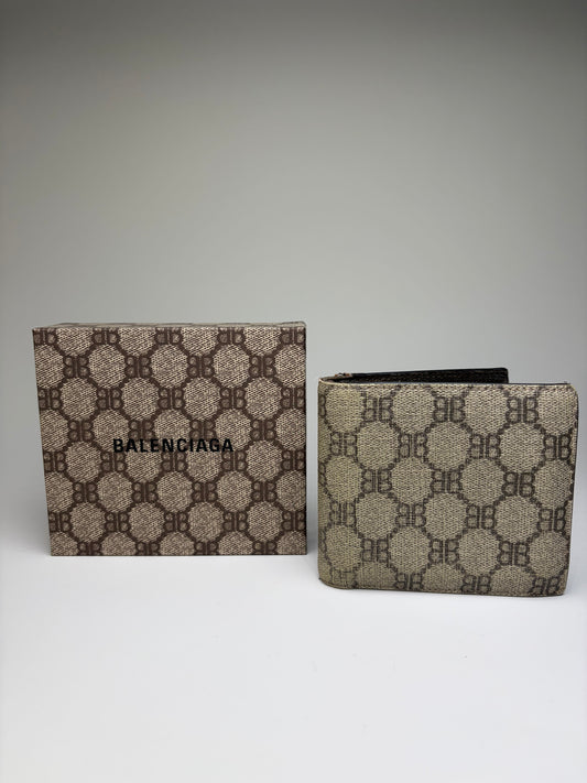 Vintage Balenciaga BB Monogram Canvas Wallet Beige Brown