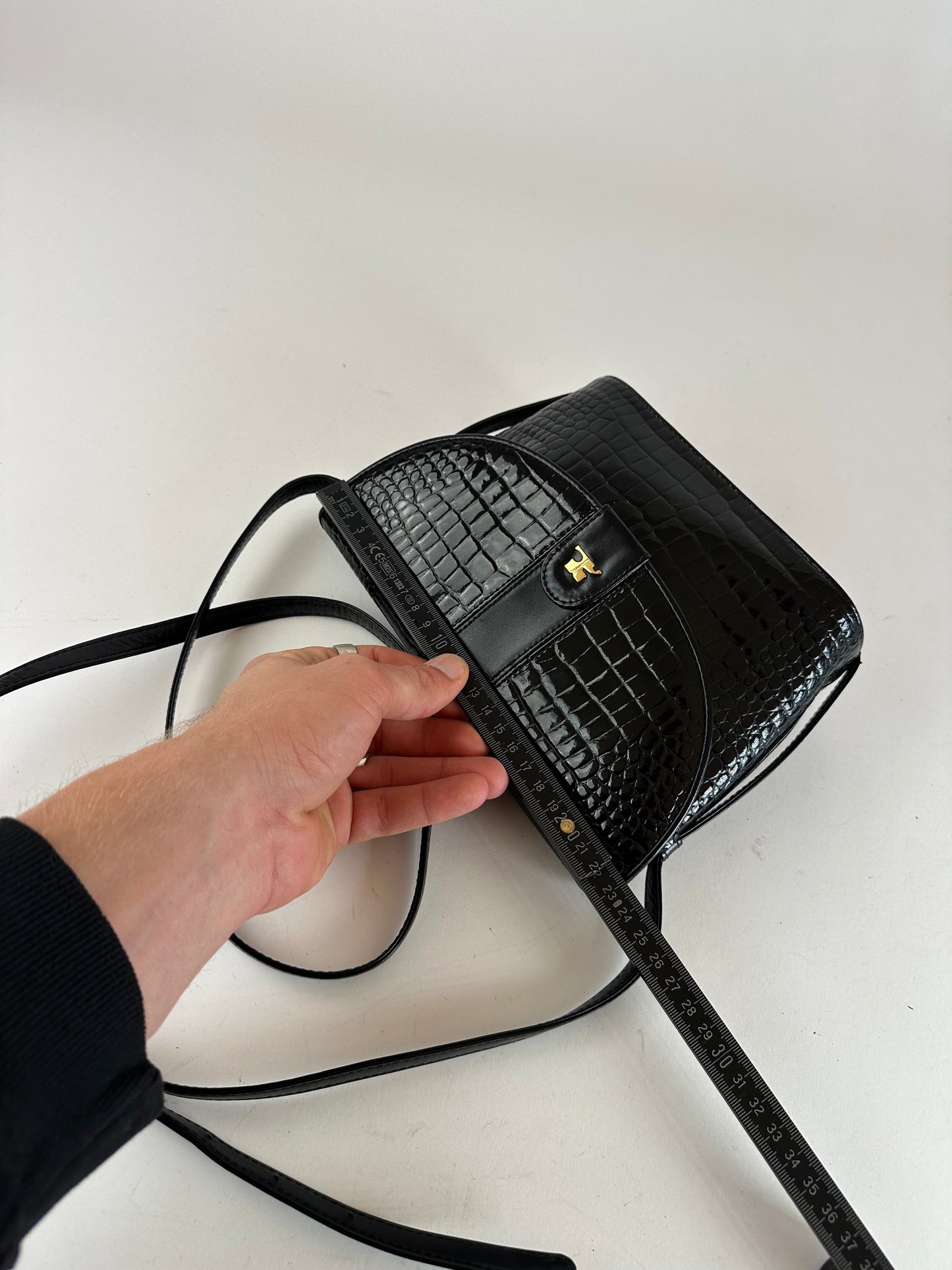 Vintage Courreges Crocodile Emblossed Leather Bag Black