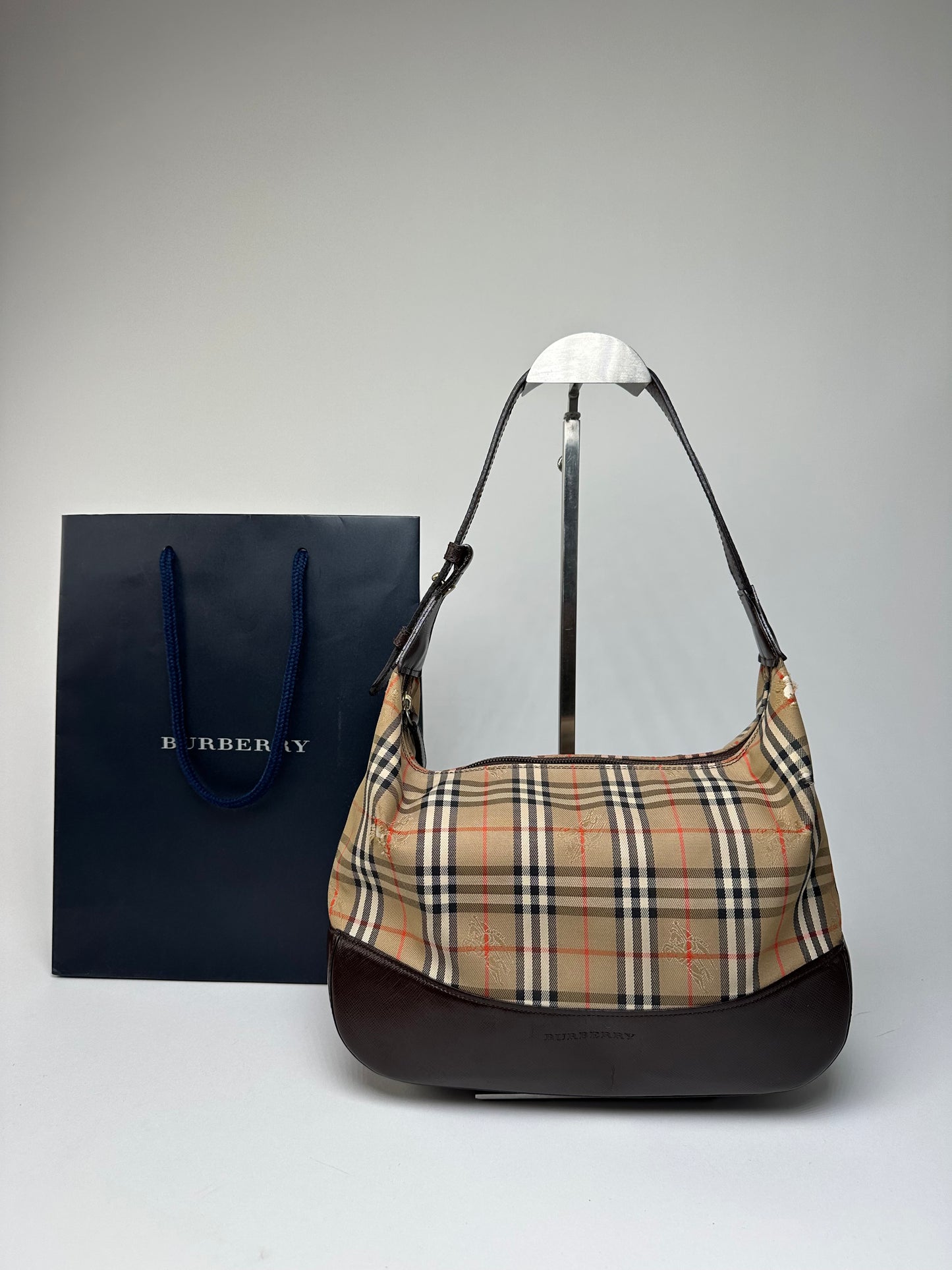 Vintage Burberry Haymarket Check Shoulder Bag Beige Brown