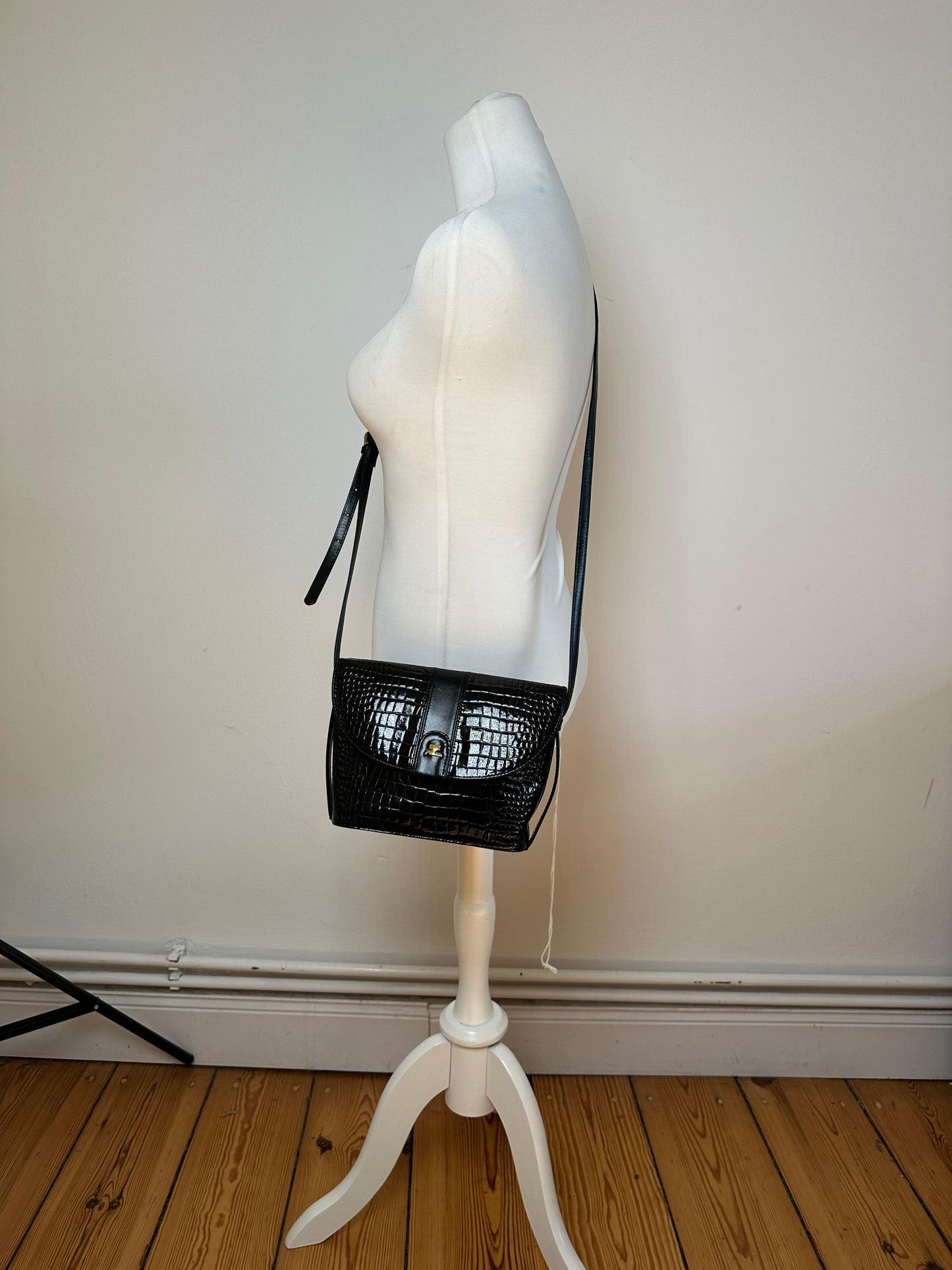 Vintage Courreges Crocodile Emblossed Leather Bag Black