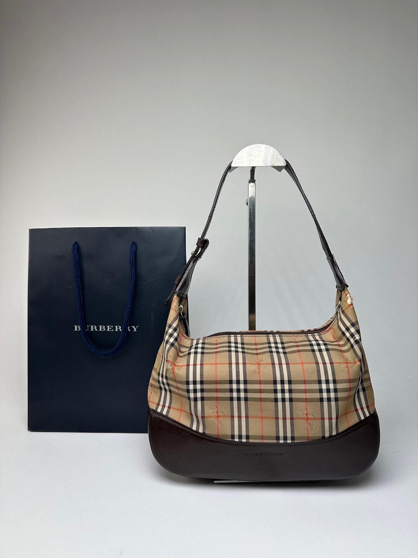 Vintage Burberry Haymarket Check Shoulder Bag Beige Brown