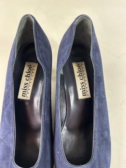 Vintage Chloe Suede Pumps Navy Black Block Heel EU37