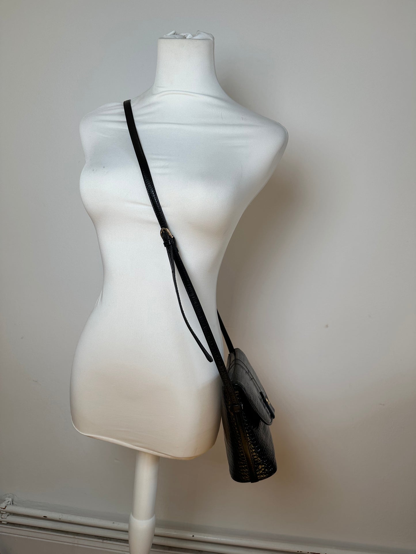 Vintage Courreges Crocodile Emblossed Leather Bag Black