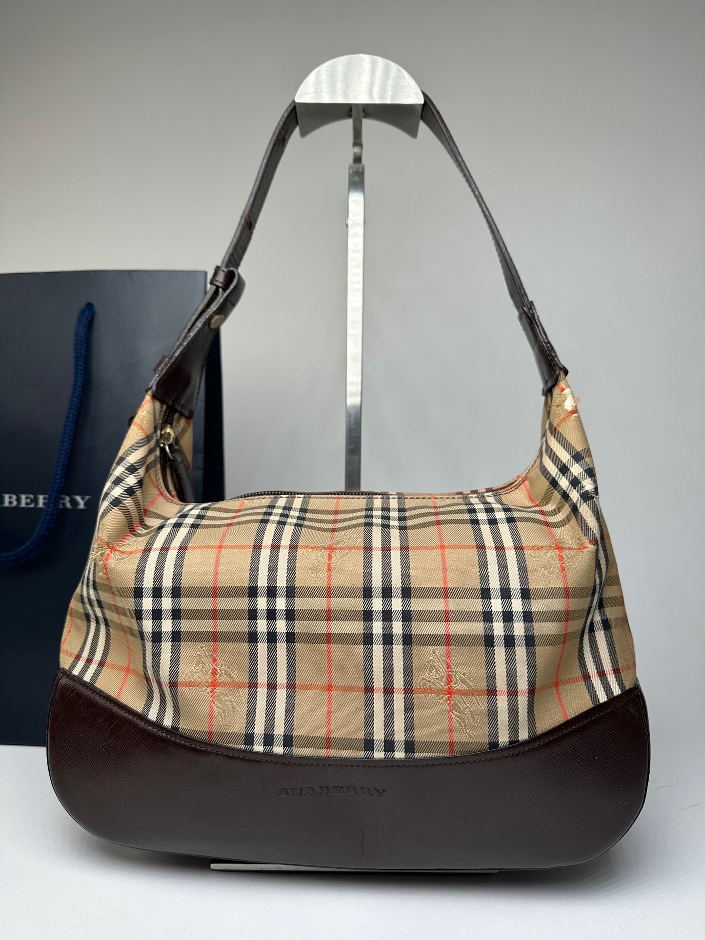 Vintage Burberry Haymarket Check Shoulder Bag Beige Brown