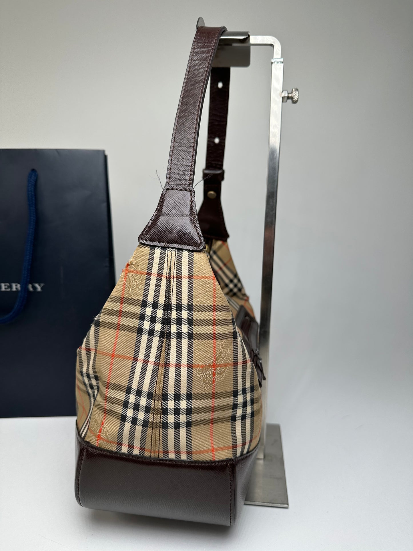 Vintage Burberry Haymarket Check Shoulder Bag Beige Brown