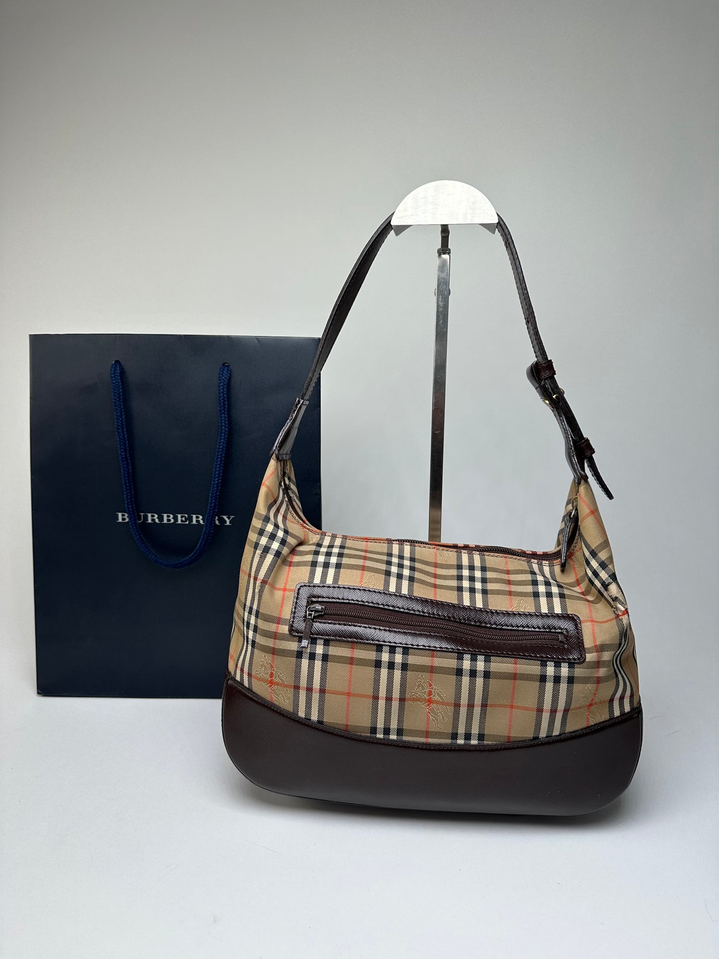 Vintage Burberry Haymarket Check Shoulder Bag Beige Brown