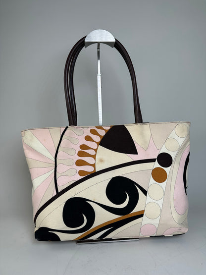 Vintage Pucci Abstract Canvas Tote Pink Cream Brown