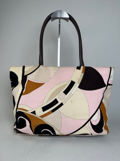 Vintage Pucci Abstract Canvas Tote Pink Cream Brown