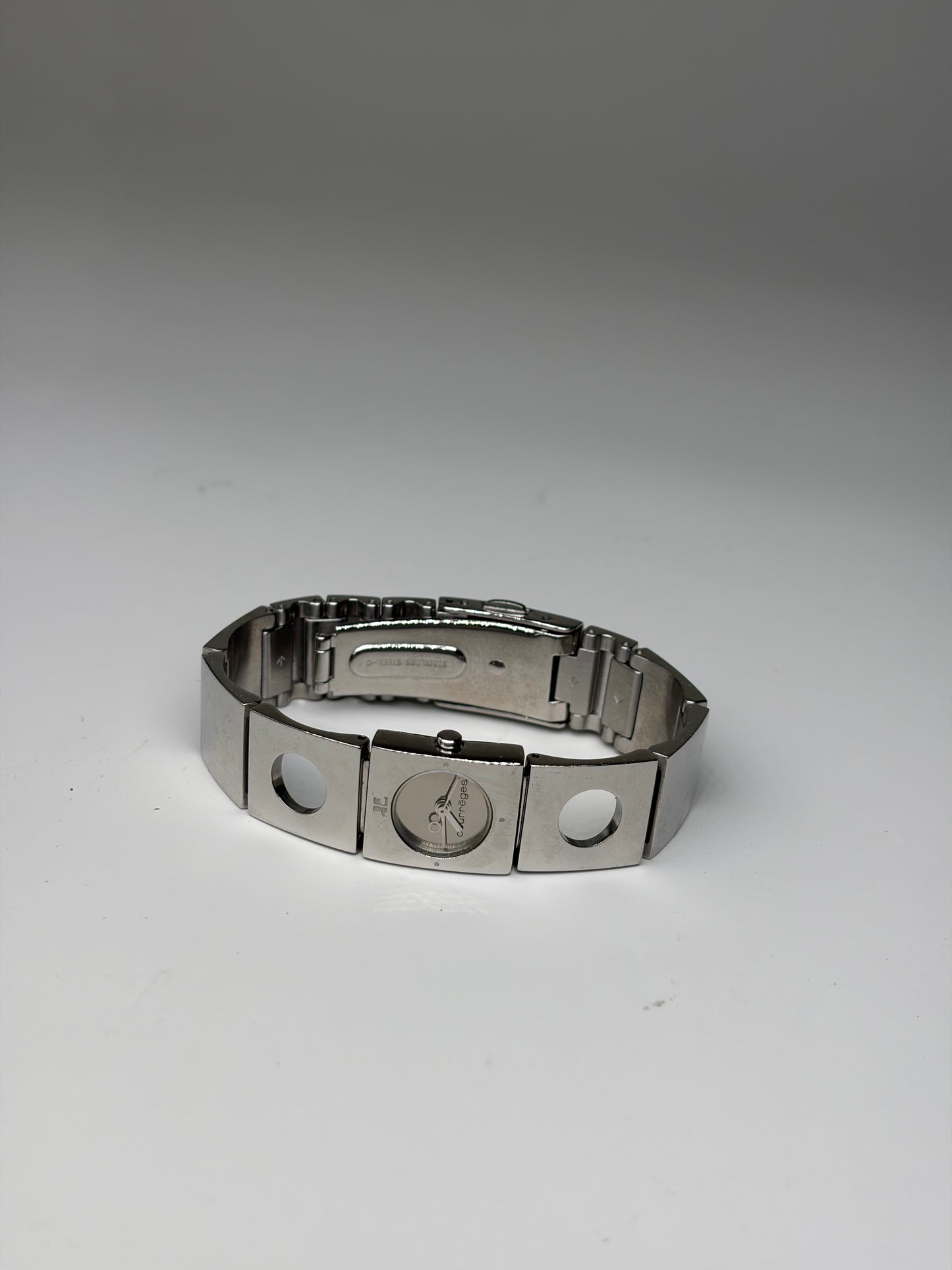 Vintage Courreges Stainless Steel Logo Bracelet Watch Silver