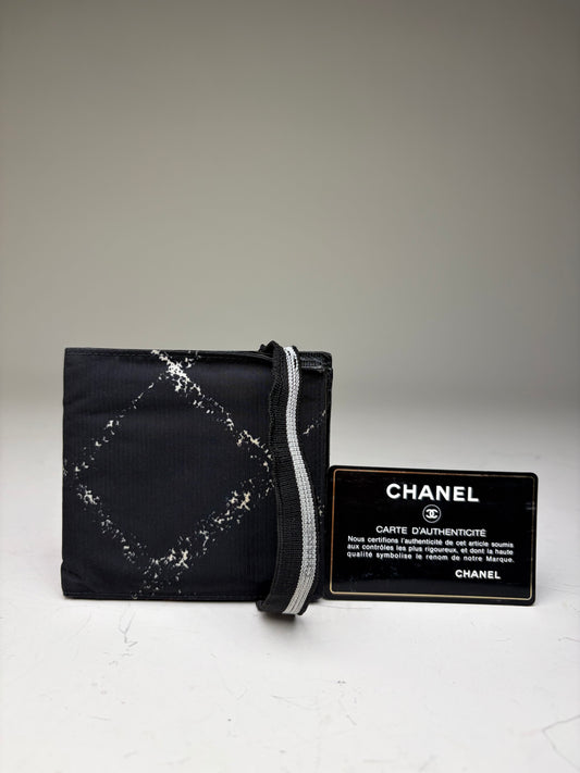 Vintage Chanel Nylon Card Holder Black White Silver