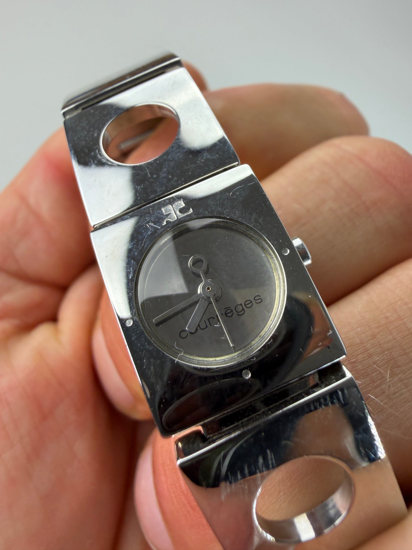 Vintage Courreges Stainless Steel Logo Bracelet Watch Silver