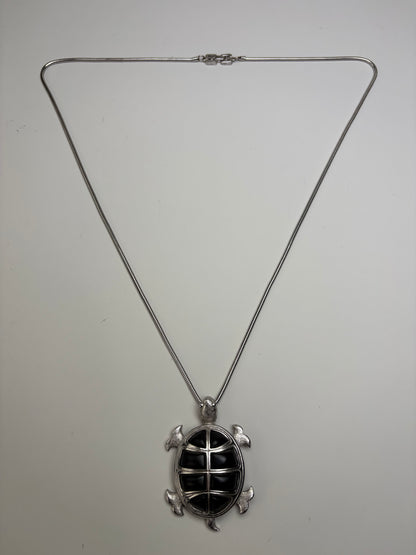 Vintage Givenchy Logo Pendant Necklace Silver Black