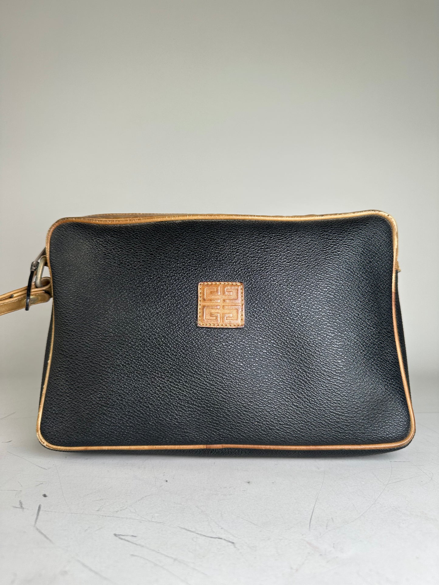 Vintage Givenchy Pebbled Leather Clutch Black Beige Gold