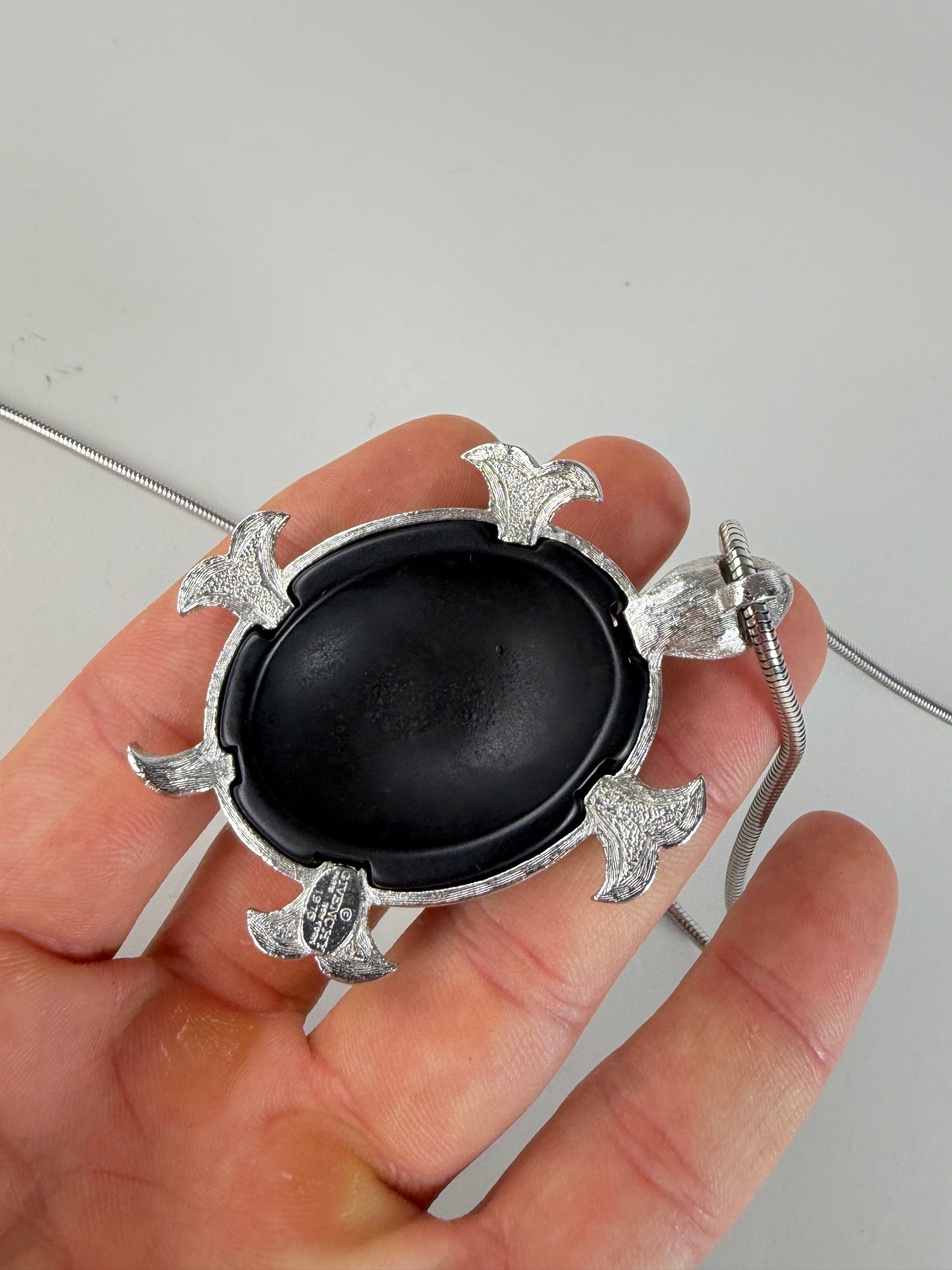 Vintage Givenchy Logo Pendant Necklace Silver Black