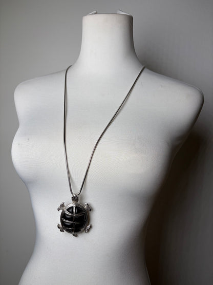 Vintage Givenchy Logo Pendant Necklace Silver Black