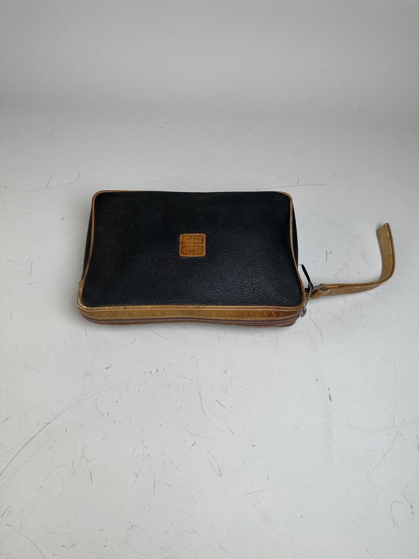 Vintage Givenchy Pebbled Leather Clutch Black Beige Gold