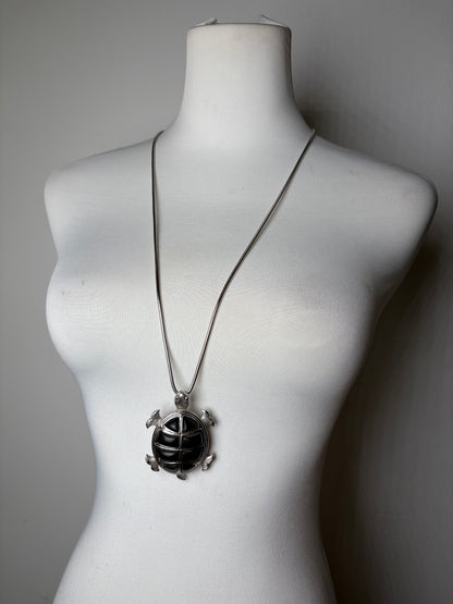 Vintage Givenchy Logo Pendant Necklace Silver Black