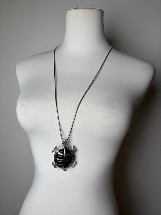 Vintage Givenchy Logo Pendant Necklace Silver Black