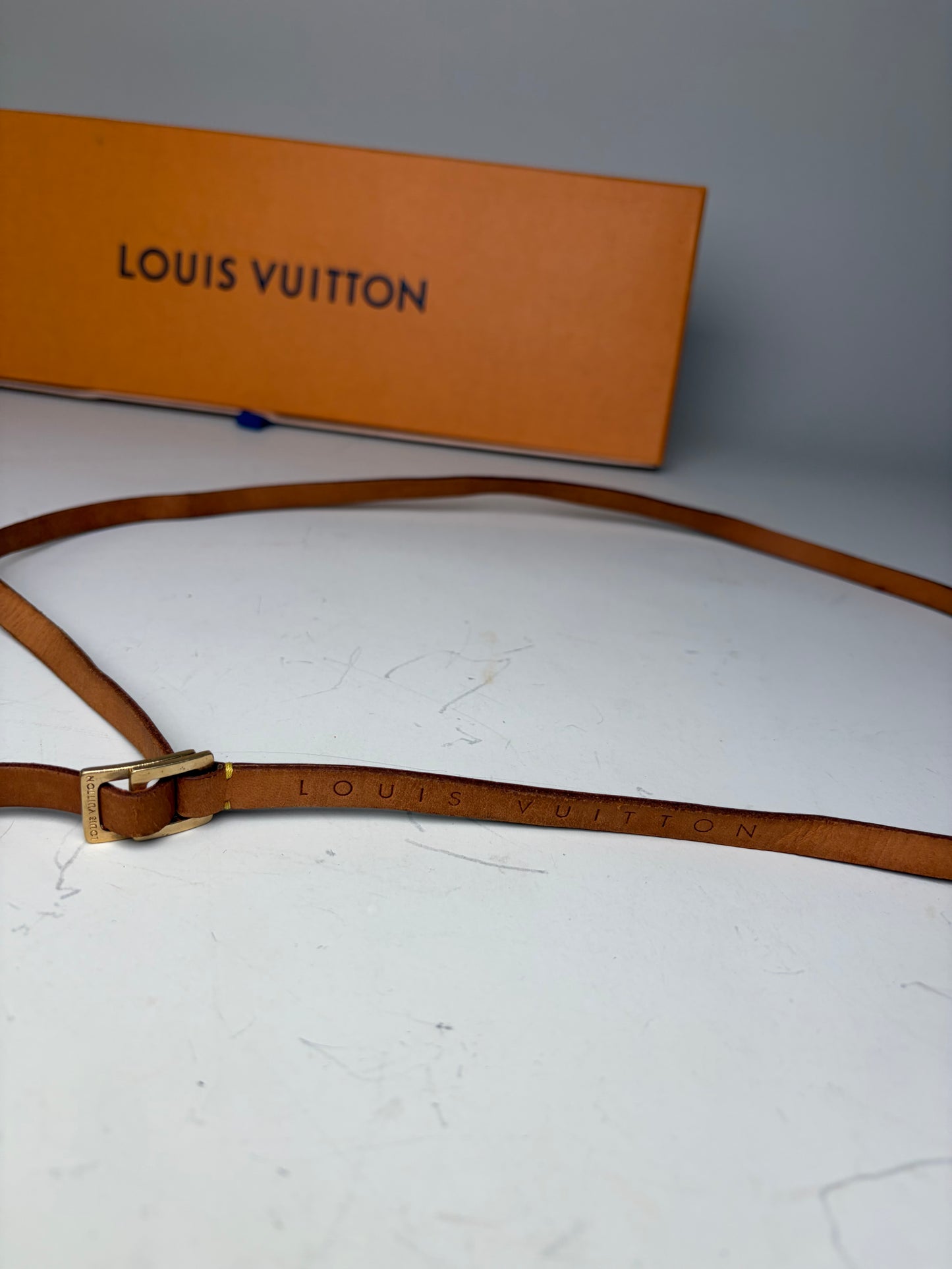Vintage Louis Vuitton Leather Logo Belt Tan Gold