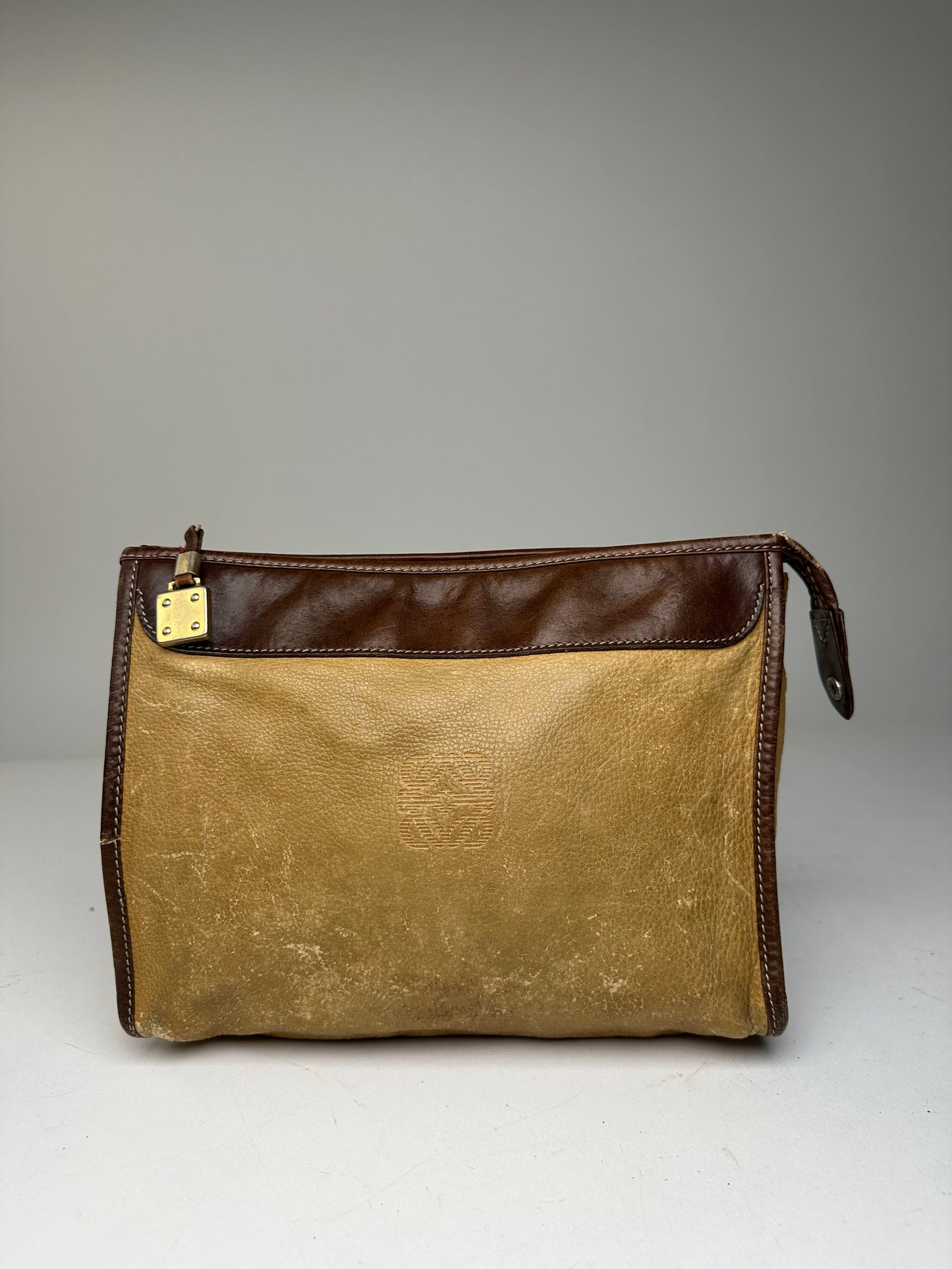 Vintage Loewe Camel Leather Suede Anagram Clutch