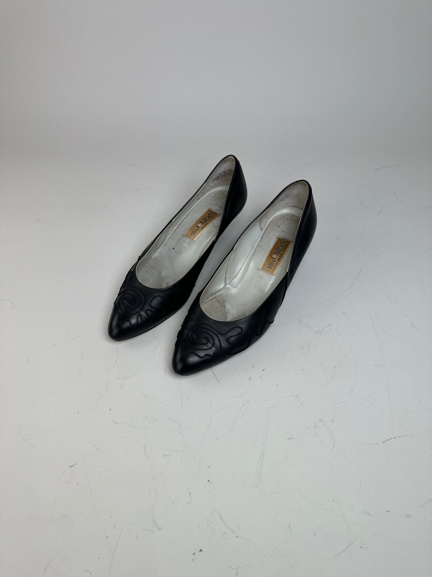 Vintage Chloe Leather Fabric Detail Heels Black Silver EU36.5
