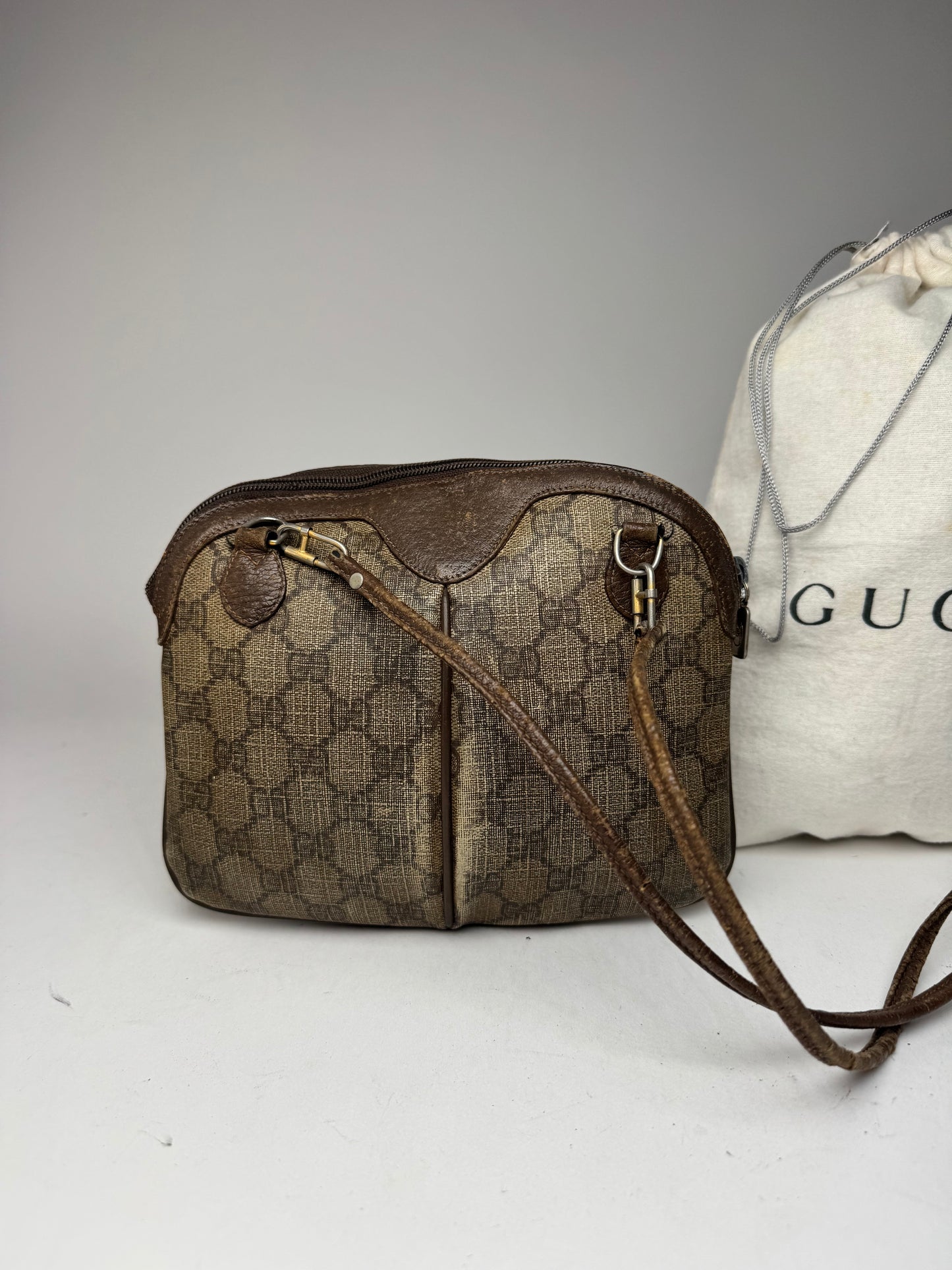 Vintage Gucci Monogram Leather Bag Brown Grey