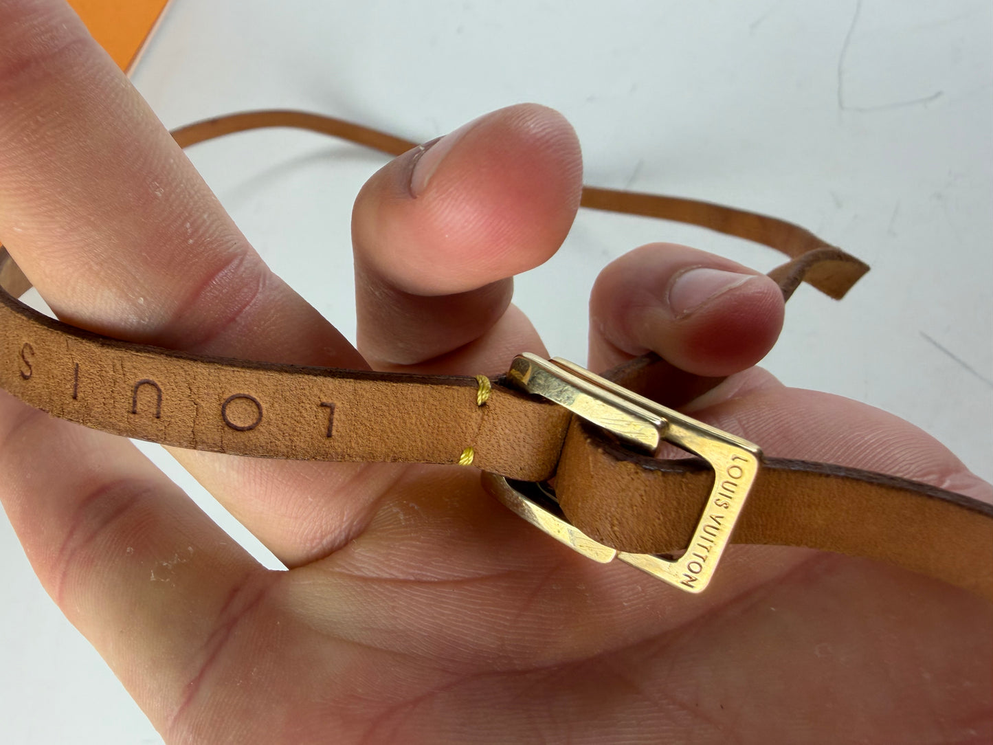 Vintage Louis Vuitton Leather Logo Belt Tan Gold