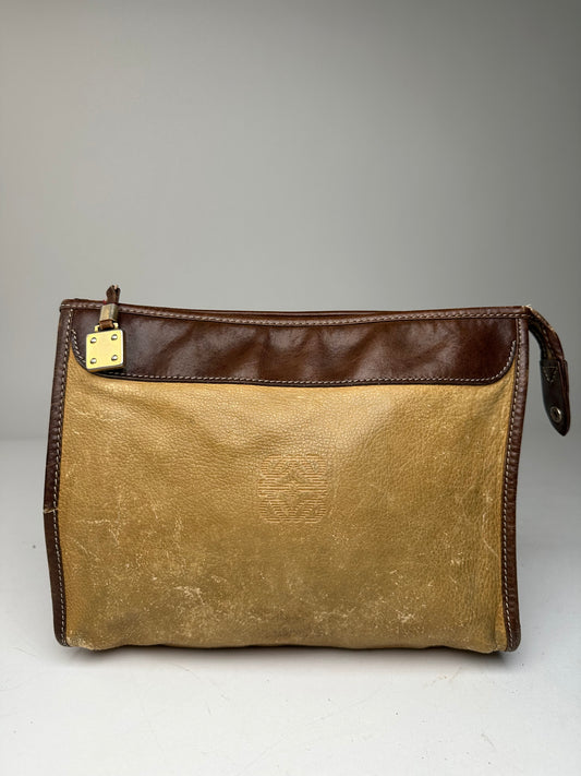 Vintage Loewe Camel Leather Suede Anagram Clutch